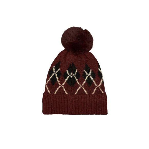 Wool Blend Argyle Fleece Pom Pom Beanie | Cozy Winter Hat NWT - OS - Picture 7 of 7
